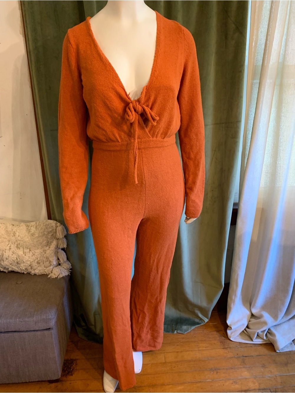 Free People Rust Orange Knit Tie-Front Jumpsuit